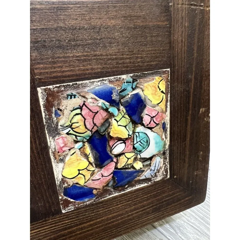Wooden Mirror with Ceramic Tiles Made In Spain 13.25” X 8” Boho Wall Decor